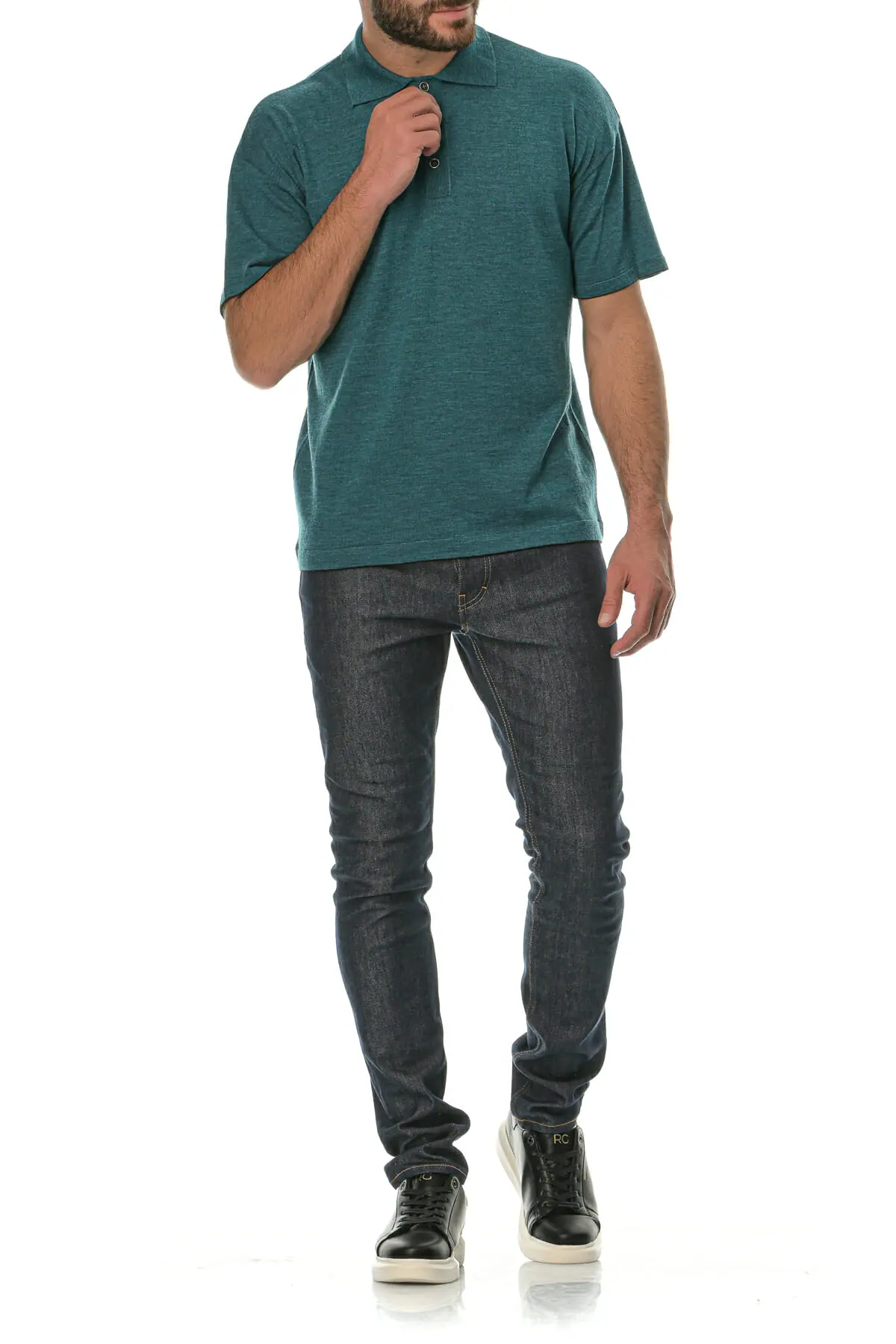 Merino Wool sea green Man Polo T-Shirt - Image 4