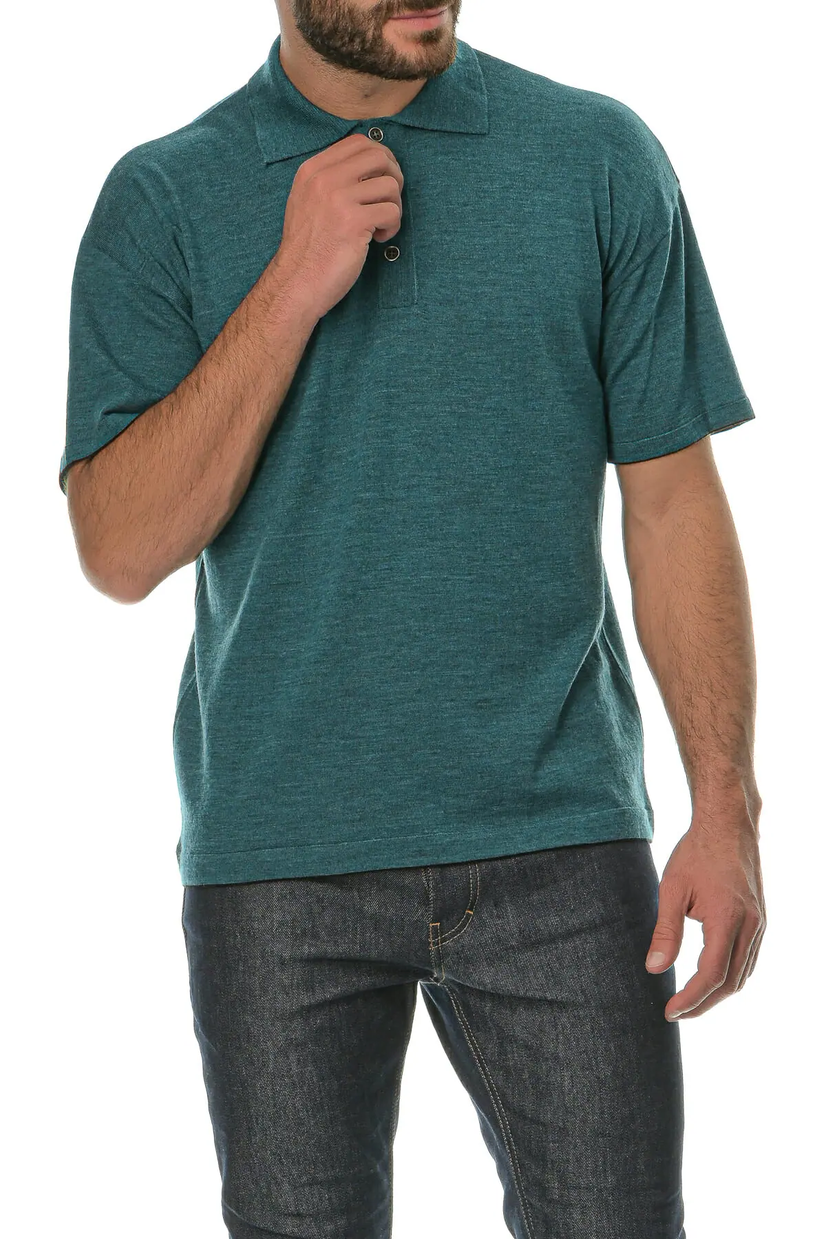 Merino Wool sea green Man Polo T-Shirt - Image 2
